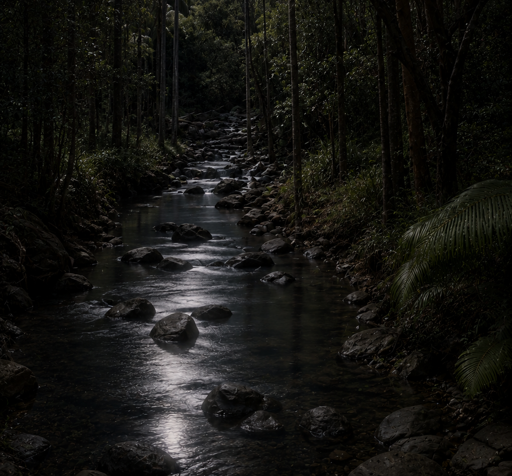 Moonlit Cedar Creek through the rainforest at Tamborine Mountain Glades